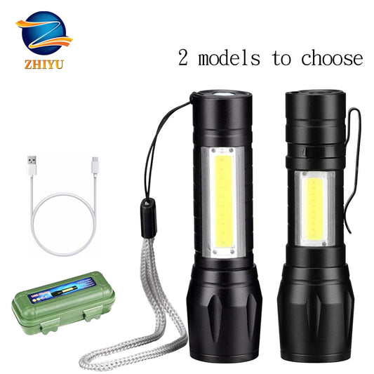 ZHIYU rechargable Portable LED Flashlight COB+XPE LED Torch Waterproof Camping Lantern Zoomable Focus Light Tactical Flashlight